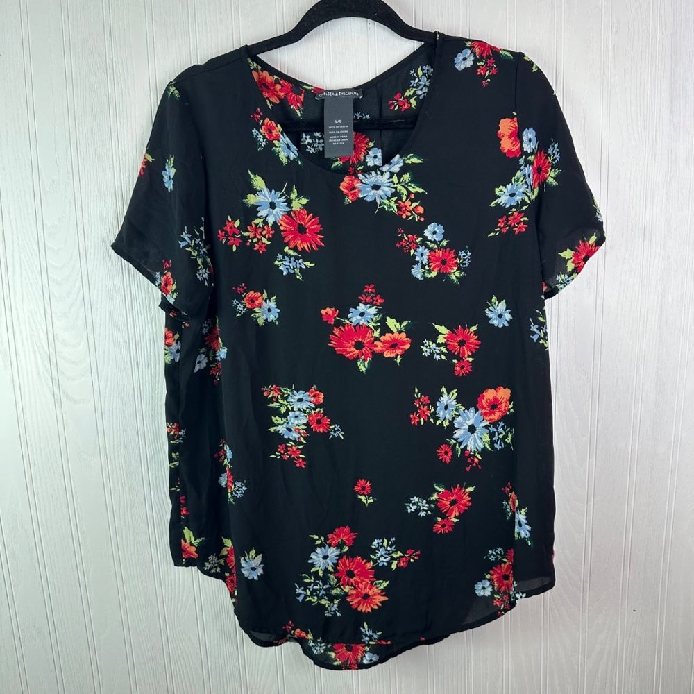 Chelsea & Theodore Black Floral Print Blouse Short sleeve size Large